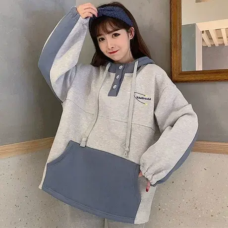 vintage卫衣女2022春秋薄款小个子宽松韩版bf慵懒风连帽外套潮ins商品大图