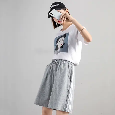 运动短裤女夏宽松大码胖mm高腰显瘦外穿三条杠休闲阔腿五分裤子薄图片