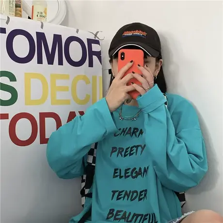 红续潮流字母2020秋冬新款纯棉百搭白色宽松原宿风长袖薄款卫衣女图片