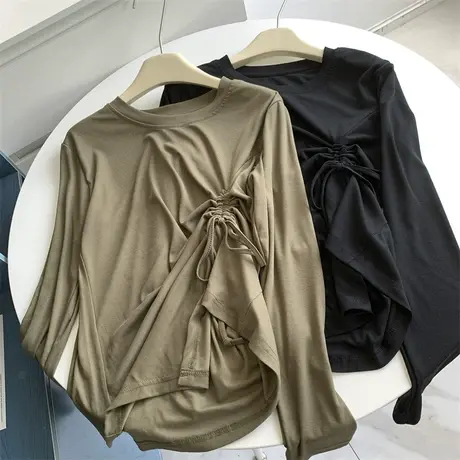 不规则抽绳设计感长袖百搭打底衫女纯欲风宽松休闲内搭外穿上衣女商品大图