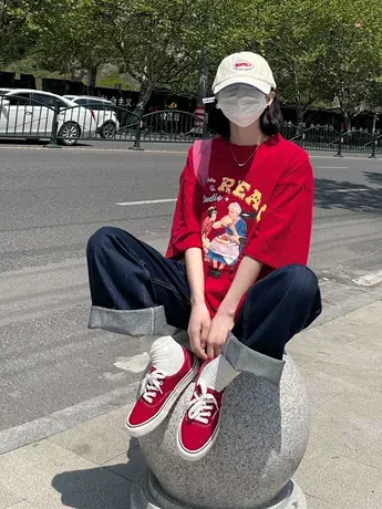 红色短袖t恤女夏季2022新款韩版宽松潮圆领美式复古oversize上衣图片