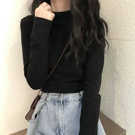 胖mm黑色显瘦打底衫德绒时尚修身长袖t恤女半高领内搭大码上衣冬商品大图