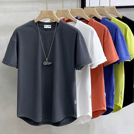 纯色净版T恤男2023夏季新款潮流宽松打底衫韩版休闲弧形下摆短袖t商品大图