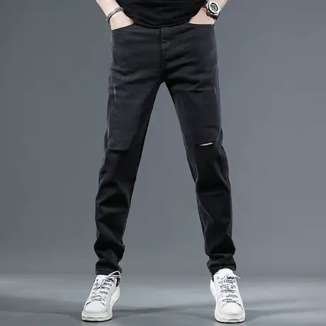 破洞牛仔裤男2023夏季新款高街男士修身直筒弹力薄款休闲潮牌长裤商品大图