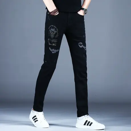 轻奢烫钻印花黑色牛仔裤男款秋款季2023新款休闲裤子高端潮牌弹力商品大图