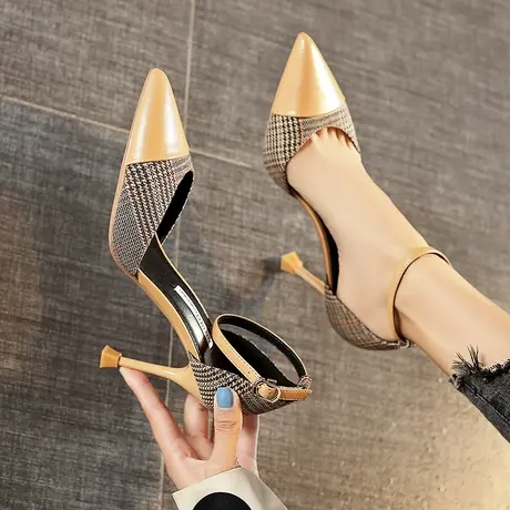 一字带中空单鞋女2023年新款百搭职业女鞋尖头拼色细跟法式高跟鞋图片
