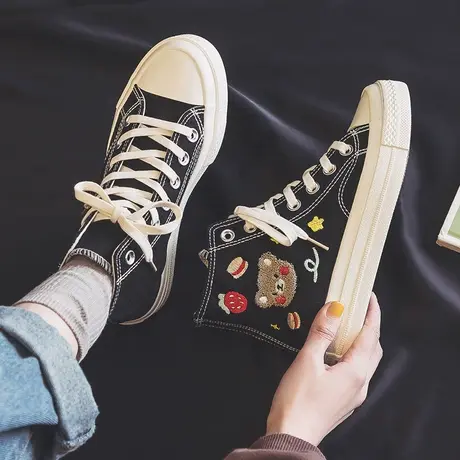 高帮帆布鞋女鞋2023年新款春秋季韩版百搭ulzzang板鞋子绣花布鞋图片