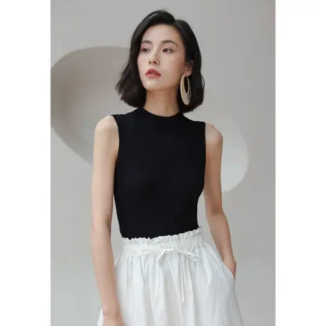 弥古黑色无袖针织背心女夏外穿半高领西装吊带内搭打底衫削肩上衣图片