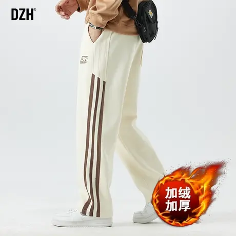 青少年加绒加厚裤子男冬款2024新款杏色卫裤直筒休闲裤男款阔腿裤商品大图