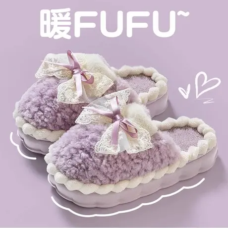蝴蝶结毛毛拖鞋女冬季保暖厚底防滑可爱少女心ins潮外穿棉拖鞋女图片