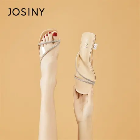 Josiny/卓诗尼一字拖鞋外穿女2024新款春季高跟水晶透明懒人凉拖商品大图