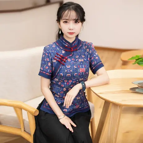 筠雅唐装女中国风改良旗袍上衣女夏季盘扣短袖复古时尚新中式女装商品大图