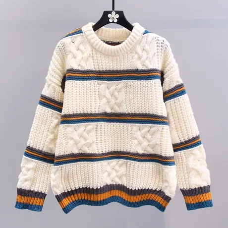 撞色条纹麻花毛衣女秋冬2023新款宽松慵懒风设计感打底针织衫上衣图片