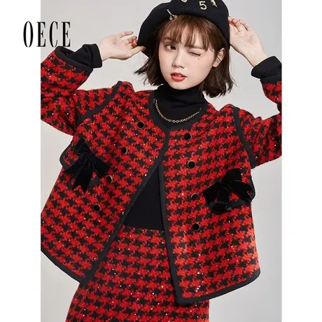 Oece毛呢外套气质套装2022冬季新款女装高级感千鸟格短款呢子大衣商品大图