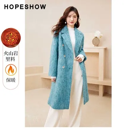 红袖outlets火山岩落肩大衣hopeshow2022冬季款毛绒保暖中长外套商品大图