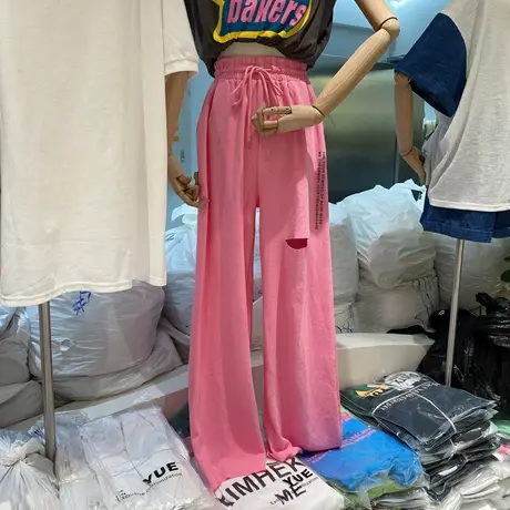 拖地长裤女2021秋装新款韩国东大门高腰宽松显瘦破洞字母直筒卫裤商品大图