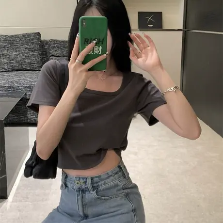 2023夏季新款修身纯欲别致甜辣妹短款上衣半袖体恤方领短袖t恤女商品大图