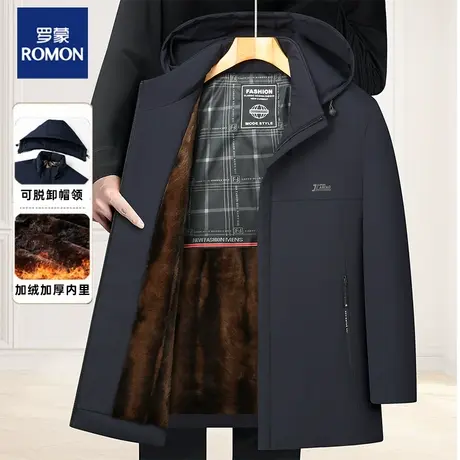 罗蒙中年男士棉服中长款连帽爸爸冬装外套休闲加绒加厚保暖棉衣男图片