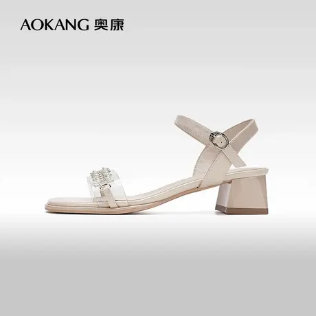 【门店发货】奥康女鞋 2024夏季新款百搭一字扣水钻增高时尚凉鞋图片