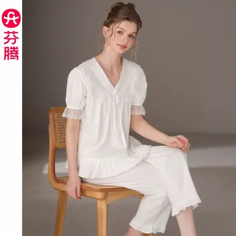 芬腾夏季短袖睡衣女士纯棉V领九分裤套装新款宽松休闲女款家居服商品大图