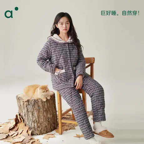 安之伴【巨保暖】三层夹棉格子睡衣女冬季加厚甜美可爱家居服套装商品大图