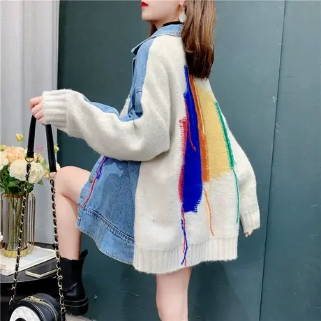 慵懒风牛仔拼接毛衣外套女2022新款早春韩版宽松洋气针织开衫上衣商品大图