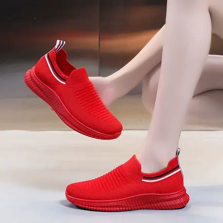 老北京布鞋女一脚蹬红色妈妈运动鞋闰月红鞋子软底舒适飞织网面鞋商品大图