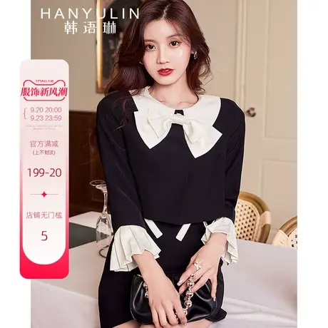 韩语琳2022秋装新款经典黑白拼接蝴蝶结娃娃领甜美短外套女百褶袖商品大图