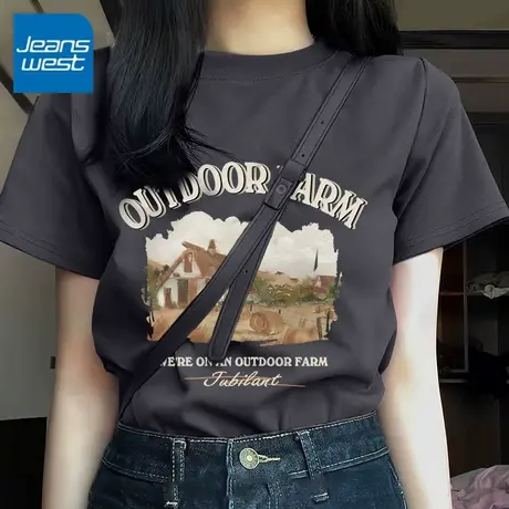 KV真维斯纯棉短袖t恤女2025新款夏季半袖深灰色小众气质显瘦上衣商品大图