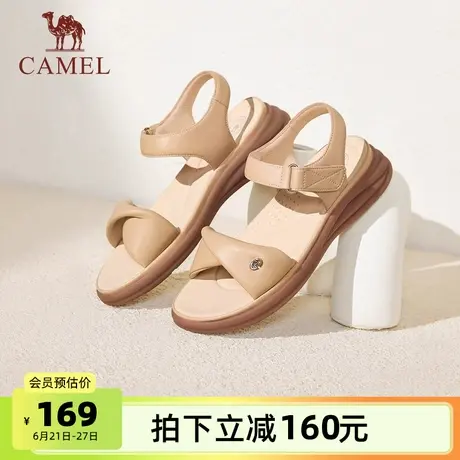 骆驼女鞋2025夏季新款真皮休闲沙滩鞋露趾妈妈鞋一字带厚底凉鞋女图片