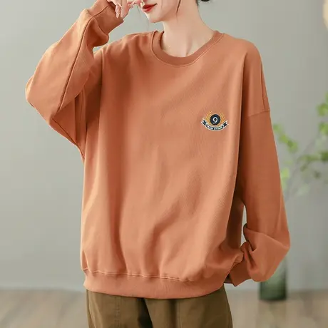 dza 复古圆领套头宽松卫衣女士春秋新款休闲长袖上衣百搭运动外套商品大图