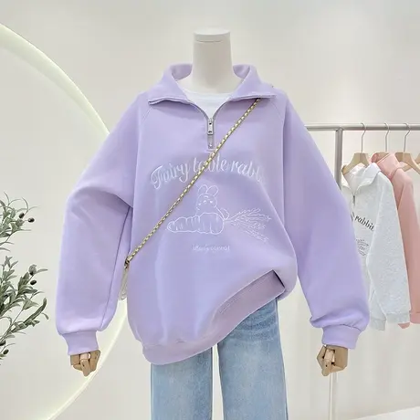 半拉链卫衣女2023春秋新款刺绣兔子宽松大码慵懒风休闲翻领上衣商品大图