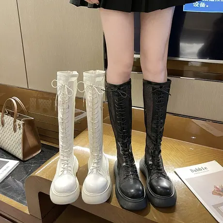 永希凉靴女2023年春季新款小个子松糕厚底增高靴子法式网面长筒靴图片