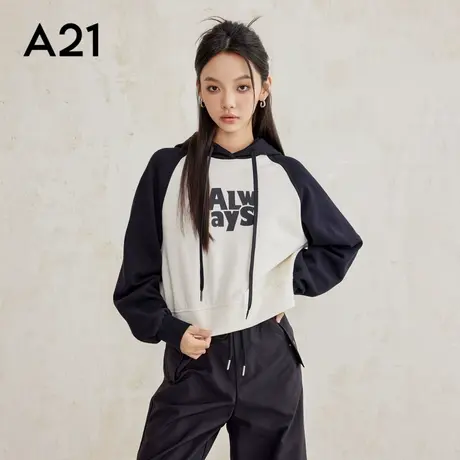 A21女装2025新款针织宽松连帽插肩套头中款无绒底卫衣黑白撞色图片
