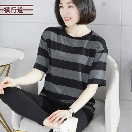 圆领宽松条纹短袖2025新款夏装休闲海军风女上衣小衫外穿大码T恤图片