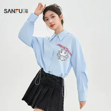 三福长衬衫2025秋季袖子打褶猫咪印花翻领上衣女装505849商品大图