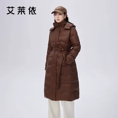 【鹅绒】艾莱依奥莱长款鹅绒服收腰系带连帽时尚冬季羽绒服女外套商品大图