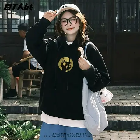 2025春秋季呐喊黑猫复古慵懒风连帽卫衣女中长款遮屁股黑色外套商品大图