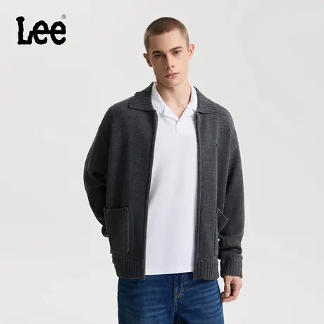 Lee商场同款25秋冬新舒适版翻领小Logo织标拉链铁灰色男毛衣外套图片