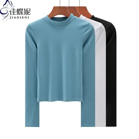 秋冬新款半高领修身短款纯欲纯棉辣妹纯色正肩长袖体恤上衣女打底商品大图