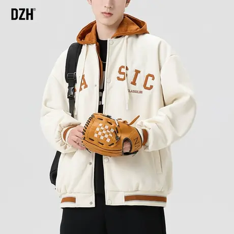 男士棒球服男款美式运动外套男春秋连帽休闲男装情侣装假两件上衣商品大图