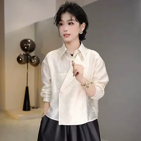 2025早秋复古西装领单排扣长袖衬衫女暗纹提花气质百搭上衣潮商品大图
