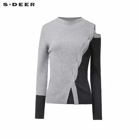 sdeer圣迪奥女装罗纹圆领露肩撞色不对称针织衫S244Z3510商品大图