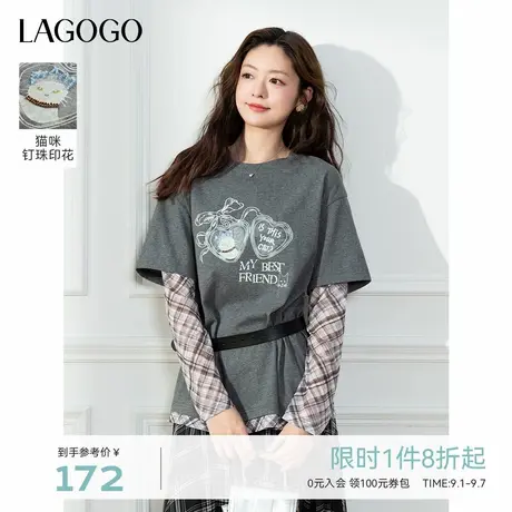 LAGOGO假两件长袖T恤女拉谷谷2025年秋季新款猫咪印花宽松上衣图片
