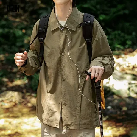 男士军绿色工装外套男春秋潮高级感男装2023新款休闲教练夹克衬衫商品大图