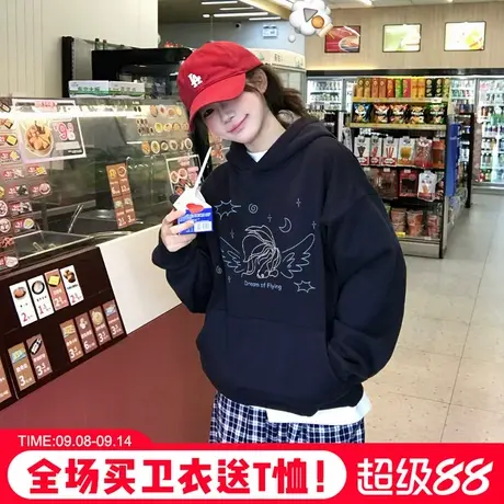 chic学院风设计感印花超显白藏蓝色连帽卫衣女宽松韩版套头上衣薄商品大图