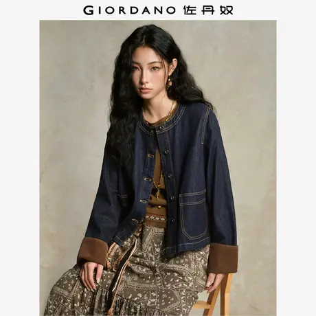 设计师款佐丹奴女装拼接灯芯绒袖里宽松圆领牛仔夹克外套18375609商品大图