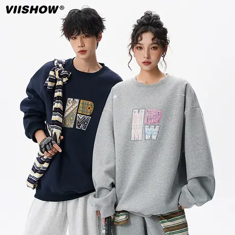 VIISHOW美式复古刺绣字母重磅圆领卫衣男女潮牌宽松情侣百搭上衣商品大图