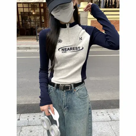 唐狮春秋长袖T恤女立领拉链袖子拼接美式复古休闲气质高级感tuTA图片