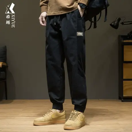 日系抽绳休闲裤男士秋季宽松大码时尚拼接长裤子男款微弹束脚裤潮商品大图